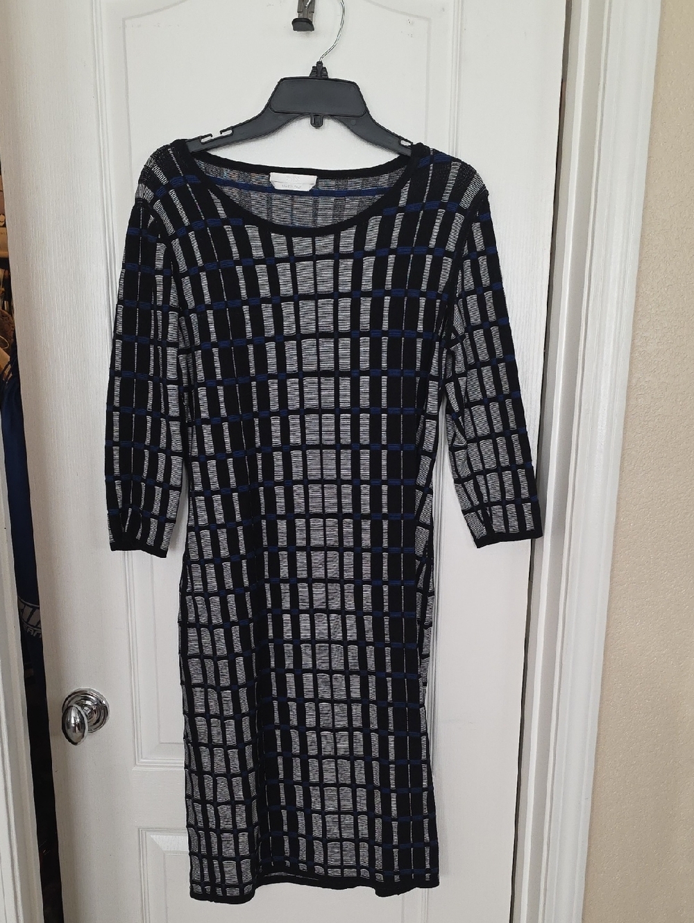 BOSS Black Blue & Gray Grid Knit Midi Dress